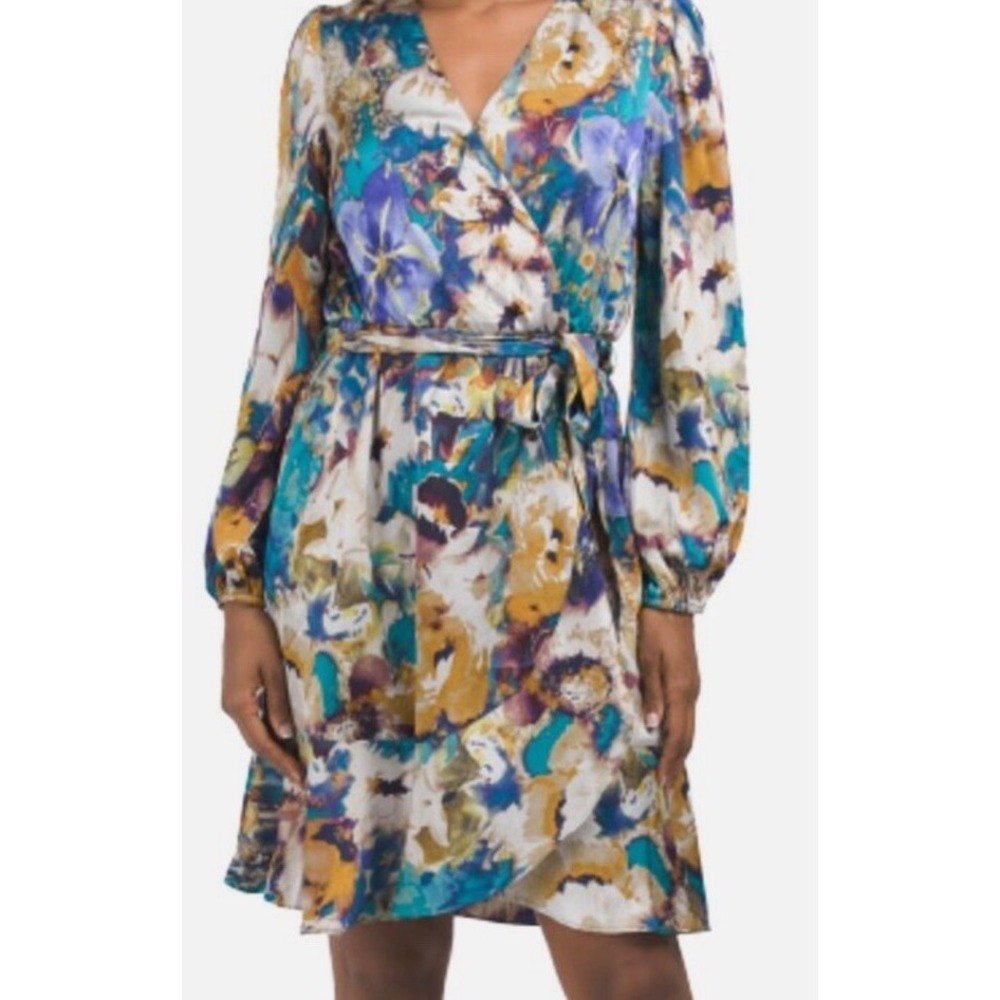 NWT NICOLE MILLER NY Women's Long Sleeve Floral Satin Wrap Style Mini Dress L - Picture 4 of 7